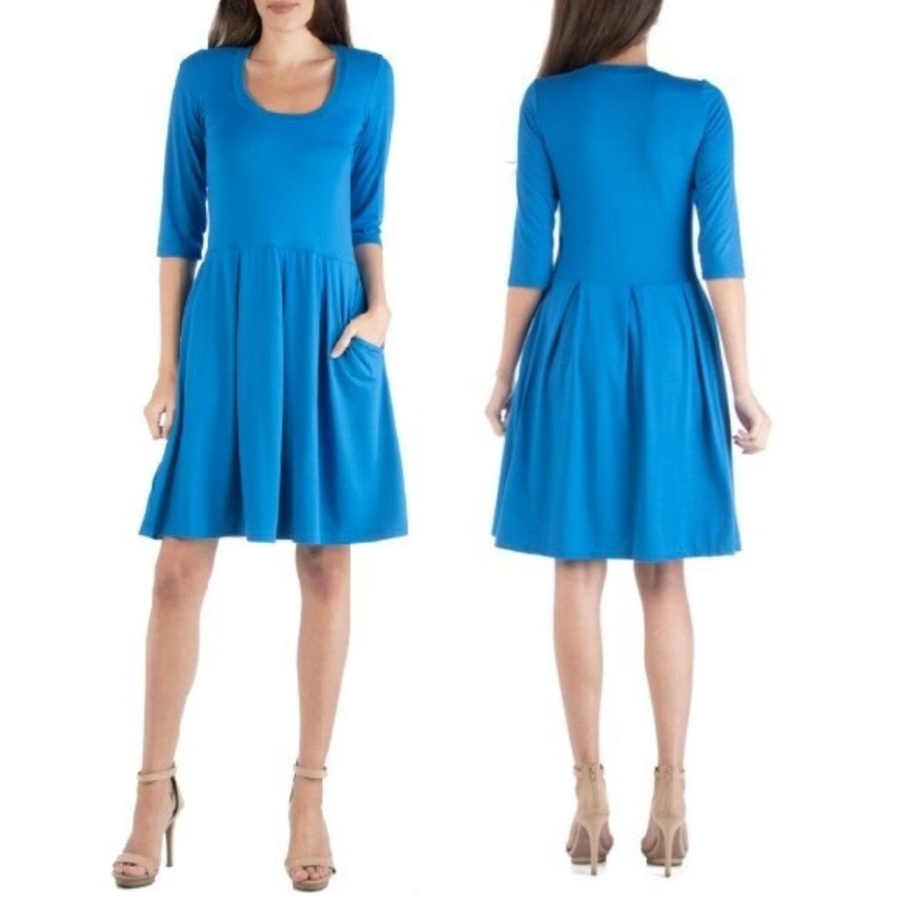 24Seven Comfort Apparel Fit & Flare Dress Size Small Cobalt Blue Brushed Knit